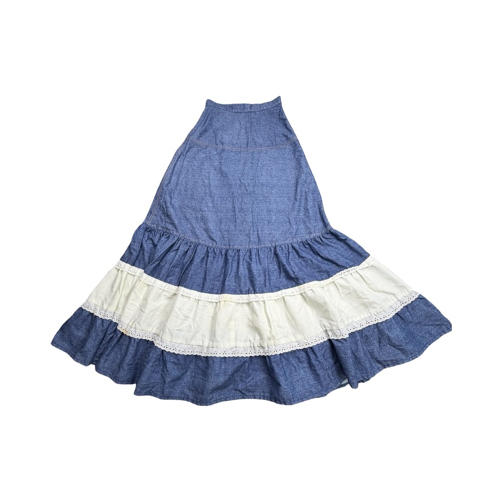 Jones Juniors Maxi Skirt Women 26x42 Blue White Tiered Eyelet Cotton Boho 70's